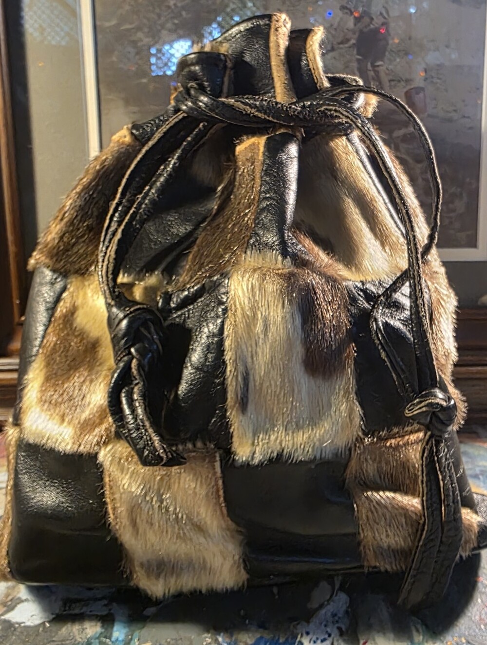 Authentic Seal! Patchwork Fur & Leather Drawstring Hobo Bag - Brown